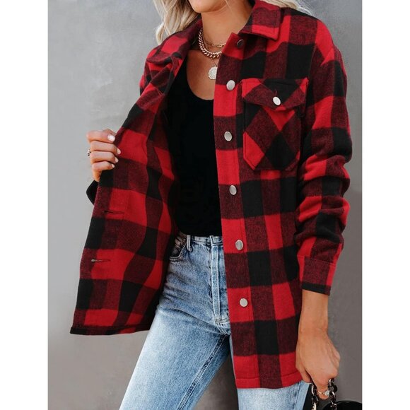 Women Plaid Red Collared V Neck Button Down Oversized Long Sleeve Shirt Top - Picture 4 of 4